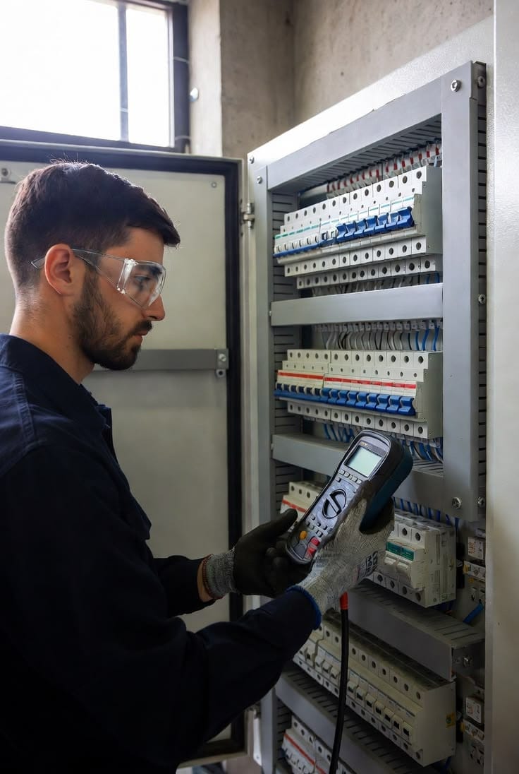 Técnico a verificar um quadro elétrico numa obra